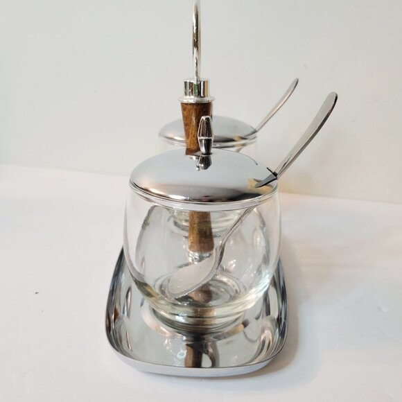 MCM Shelton Ware USA Chrome Condiment Caddy Glass Wood Set - Picture 2 of 6